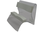 Acrylic head holder with foam pads designed to position a patient's head during diagnostic imaging procedures.